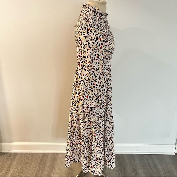 NWT KOJOONIN White/Brown Leopard Ruffle Mock Neck Long Sleeve Smocked Midi Dress - Picture 5 of 6